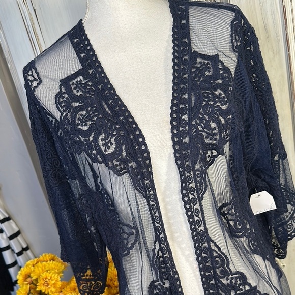 Elegant Navy Lace Kimono Swim Cover Up Duster NWT - Picture 2 of 9